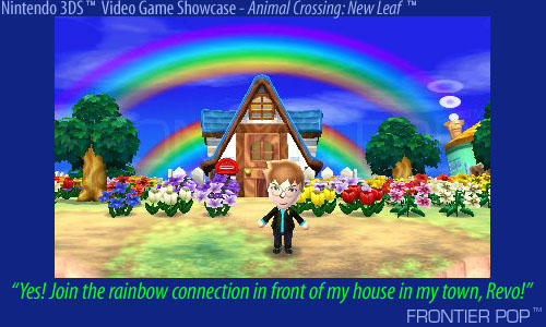 "Yes! Join the rainbow connection in front of my house in my town, Revo!" - This is a Mii avatar enhanced character of me, in my Animal Crossing: New Leaf game on the Nintendo 3DS. This is my town, Revo, of which I am mayor, and I am standing in front of my house.