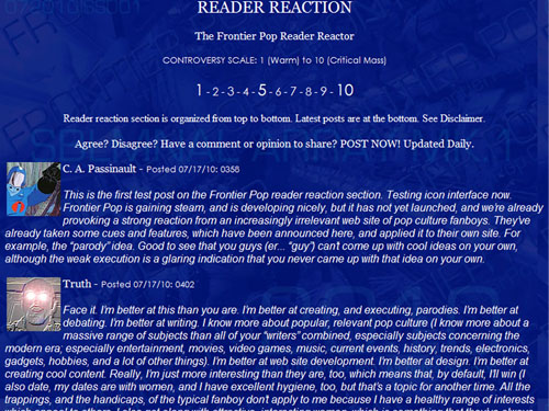 Frontier Pop reader reaction / reader reactor beta test screen, with test content.